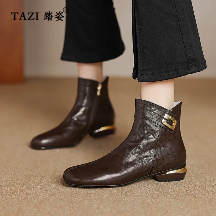 3厘米跟高打蜡头层羊皮短靴女低跟平底圆头马丁靴子秋冬2024新款