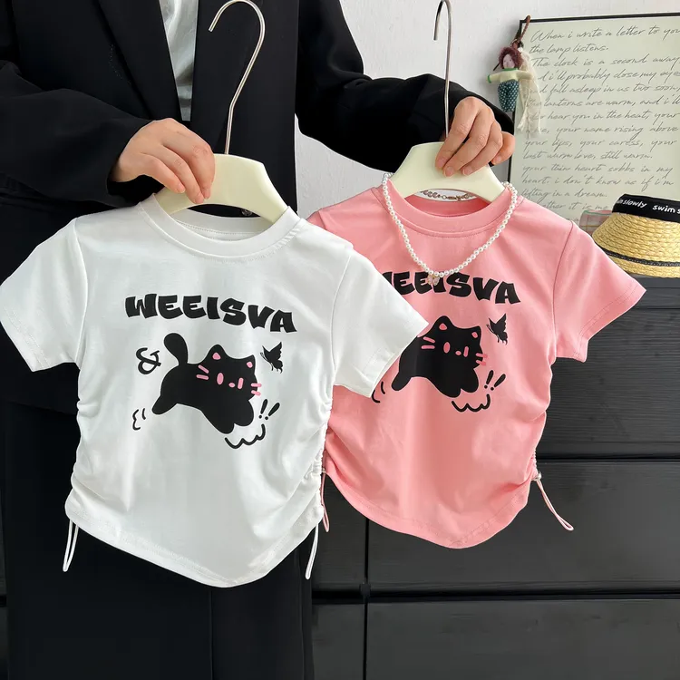 韩系女童宝宝夏季ins圆领不规则设计猫咪韩版短袖T恤百搭宽松