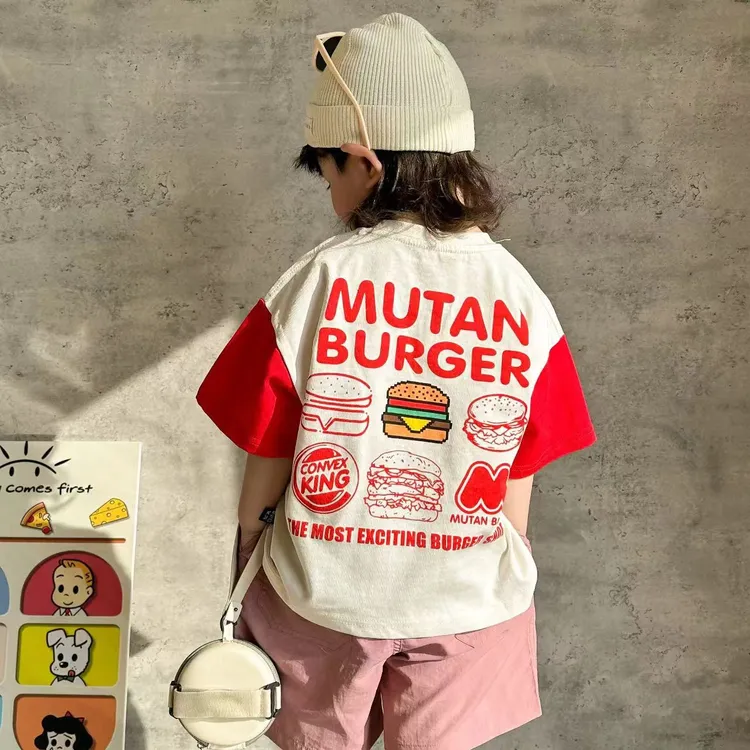 2024夏儿童短袖T恤韩版中大男女童宝宝汉堡拼色洋气宽松圆领休闲