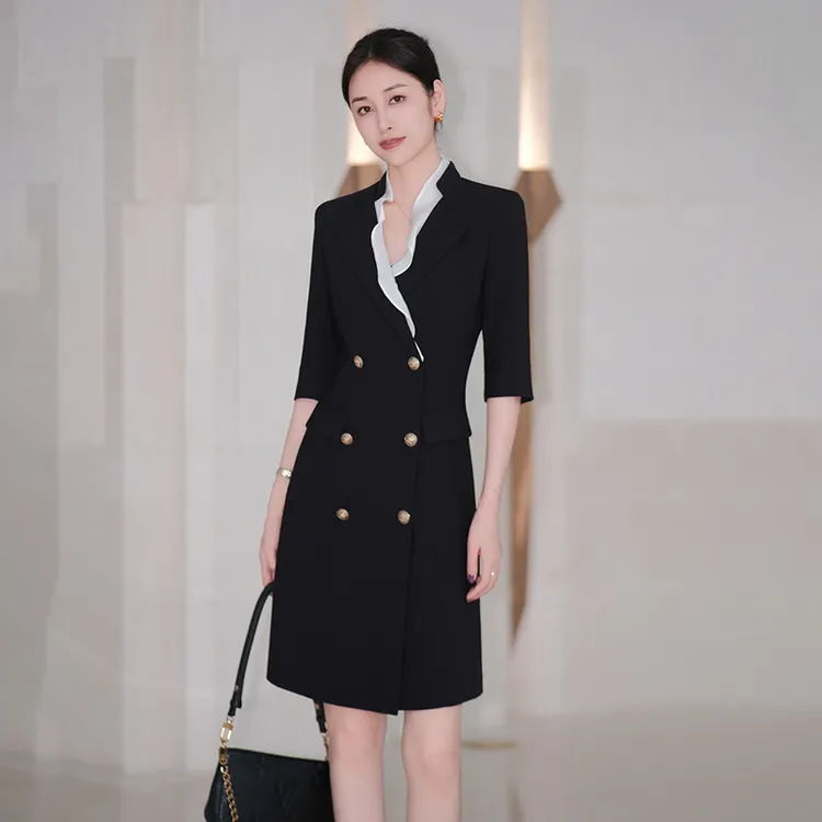 高端西装连衣裙女2025新款设计感荷叶边职业通勤修身显瘦黑色裙子