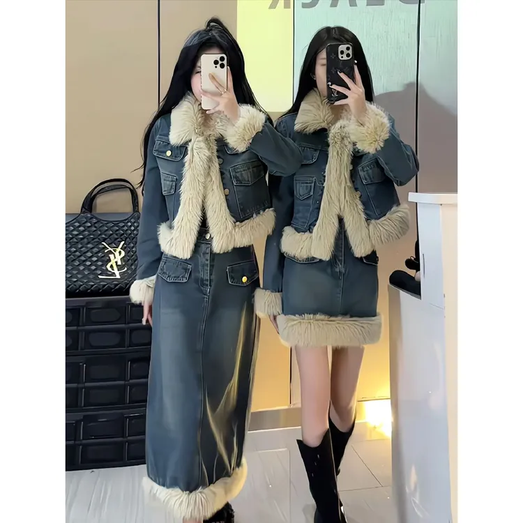 牛仔套装女新款加厚网红爆款百搭时尚夹棉小香风秋冬短款两件套