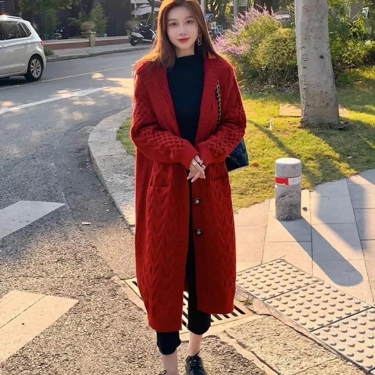 秋冬酒红色毛衣长款开衫外套慵懒风中长款加厚连帽本命年粗针织衫