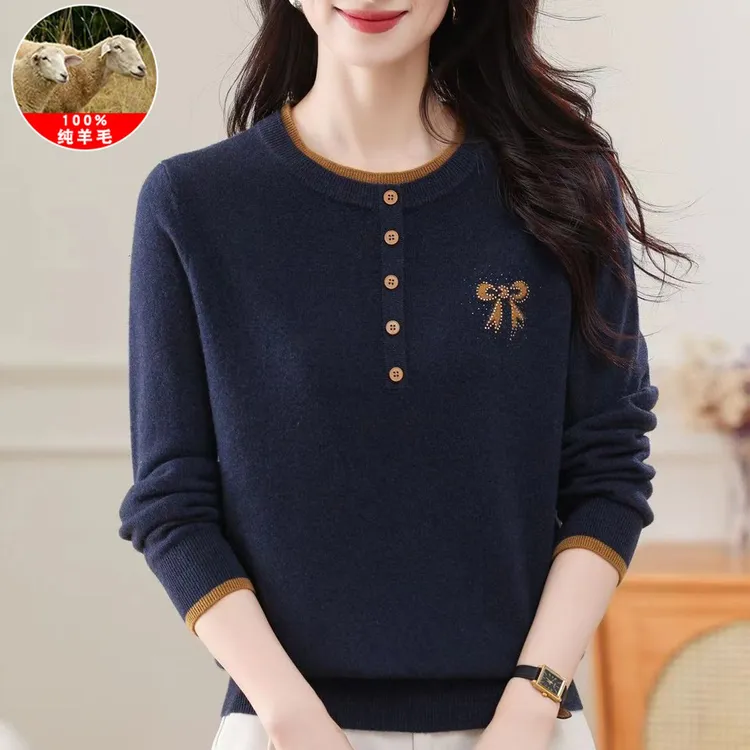 中老年羊毛衫女100%纯羊毛毛衣秋冬款宽松妈妈圆领气质针织打底衫