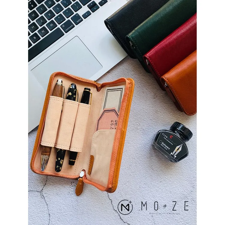 moze文具控本儿哥真皮三支笔包钢笔包拉链粗笔包牛皮笔套笔盒礼物