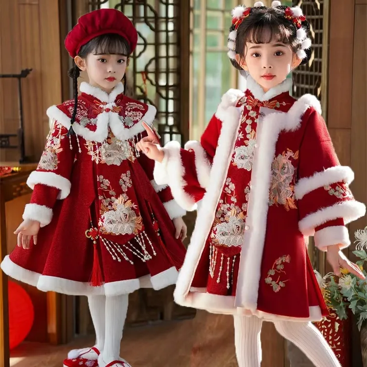 拜年服女童2025新款冬季中国风秋冬汉服儿童唐装连衣裙女孩冬季裙
