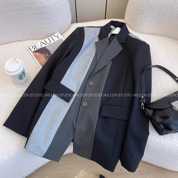 大码西装外套女设计感小众春装新款韩版时尚撞色拼接气质西服上衣
