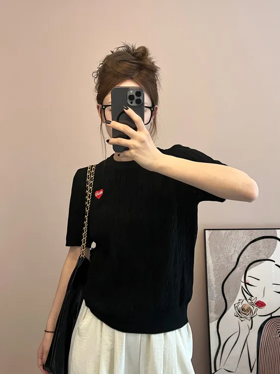 花倾慕短袖针织衫女2025春季爱心老钱风麻花百搭毛衣打底衫5533