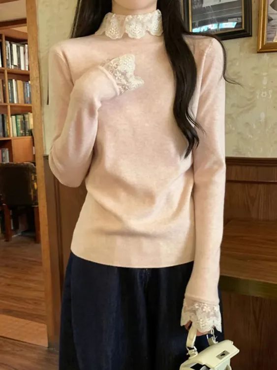 花倾慕韩系温柔风毛衣蕾丝拼接针织衫2024新款显瘦打底衫女5139