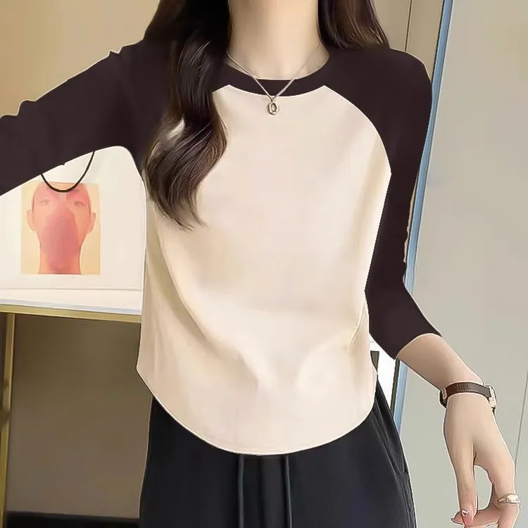 婳娇早秋季拼色插肩长袖T恤女小个子设计感显瘦百搭上衣打底新款