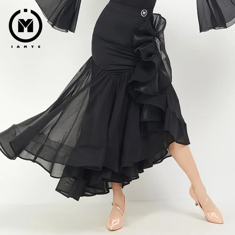 IAMYC摩登舞裙女成人演出服高腰国标舞不规则半身裙大裙摆 B20027