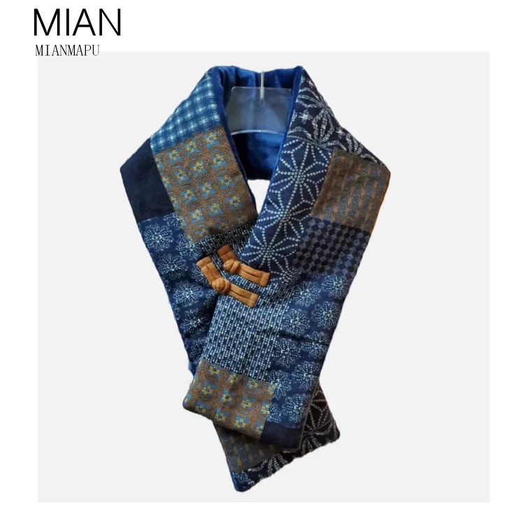 原创传统手工印染复古日系棉麻羽丝绒围巾盘扣新款户外保暖围脖潮