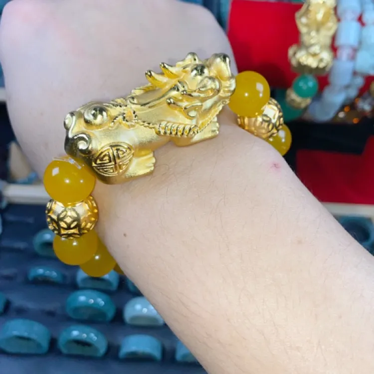 保色锡金貔貅手链硬金招财金钱貔貅黄玛瑙转运珠男情侣手串潮送礼