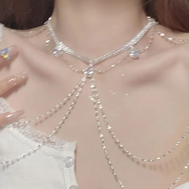 铜合金项链 轻奢礼服配饰流苏肩链时尚镶钻身体链小众高级感项链