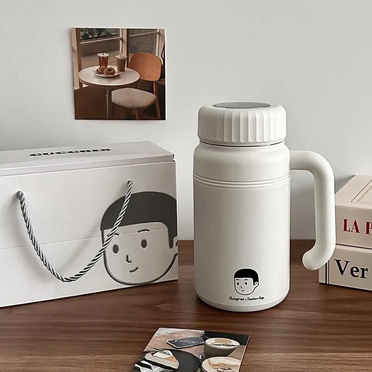 绚小青大容量陶瓷保温杯学生把手不锈钢水壶办公旅行便携泡茶杯子