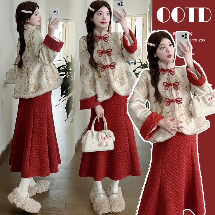 时髦孕妇装复古红色长款中式中国风新款国风改良加绒加厚国风外套