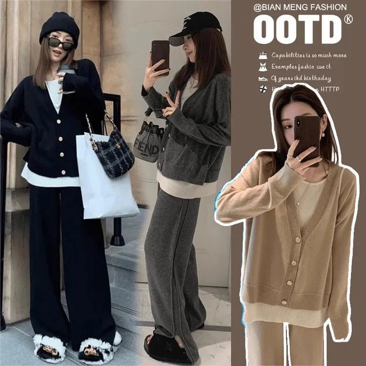 时髦孕妇秋冬新款套装慵懒风设计感拼接针织毛衣阔腿裤宽松两件套