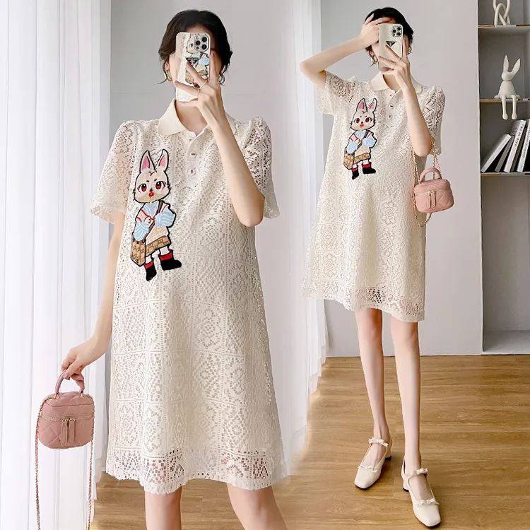 孕妇装夏装连衣裙宽松薄款外穿高级感蕾丝夏季裙子中长款Polo裙