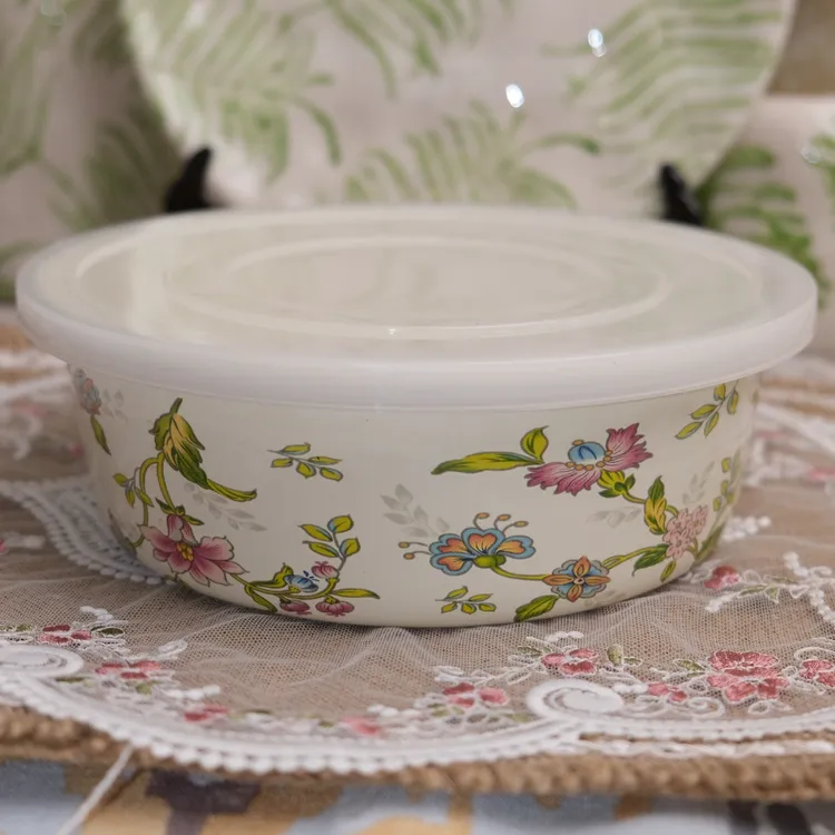 赛里斯搪瓷中式珐琅带盖碗厚实搪瓷冷藏密封碗保鲜碗冰箱碗花卉图
