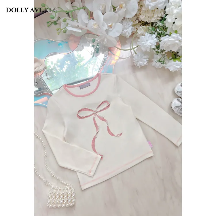 Dolly Ave 慕丝 甜美粉白钉珠丝绒蝴蝶结纯棉百搭高弹上衣