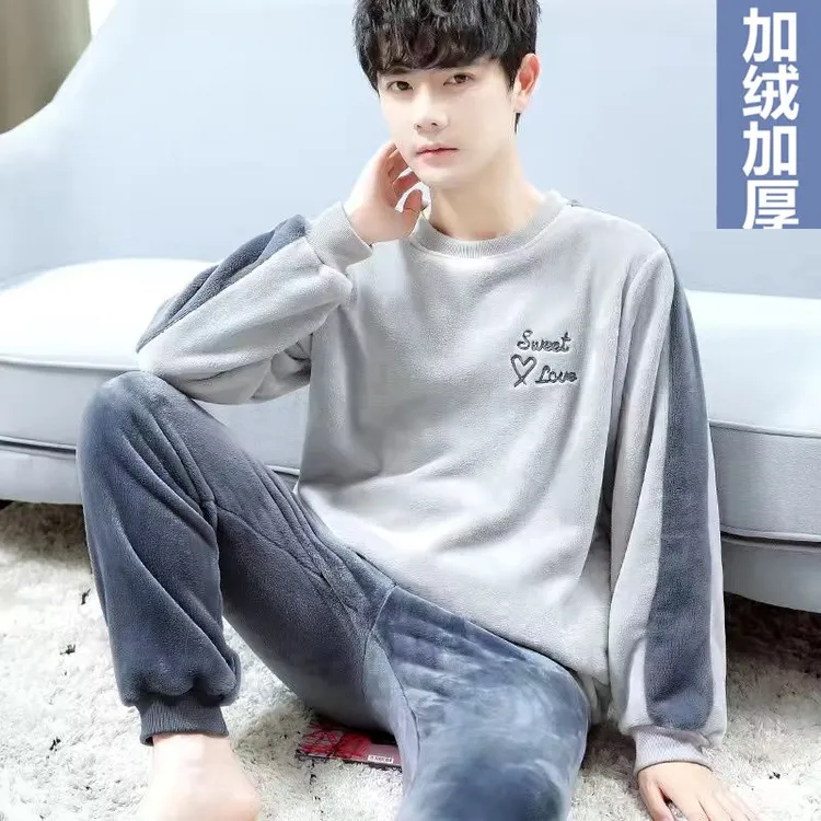 冬季睡衣男珊瑚绒加厚加绒保暖法兰绒青少年秋冬款男士家居服套装