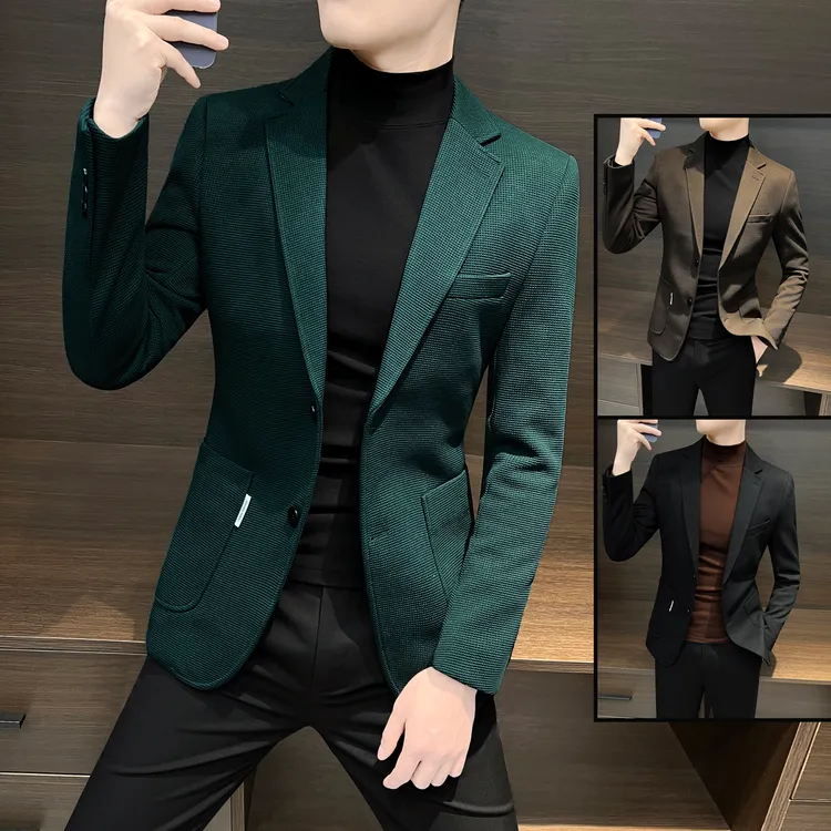 华夫格西服外套男士秋冬成熟痞帅男装时尚潮流修身商务休闲小西装