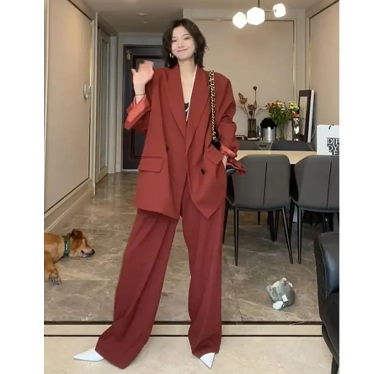 大码穿搭砖红色职业西装套装女气质名媛胖mm春秋高级感御姐两件套