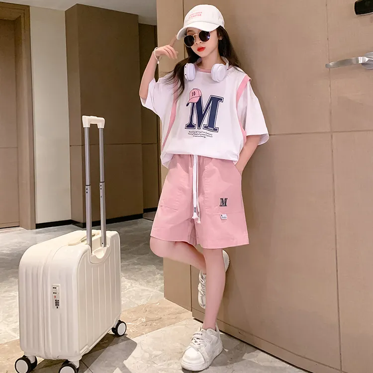 女童套装夏季短袖新款休闲儿童网红夏装运动服网红洋气中大童短裤