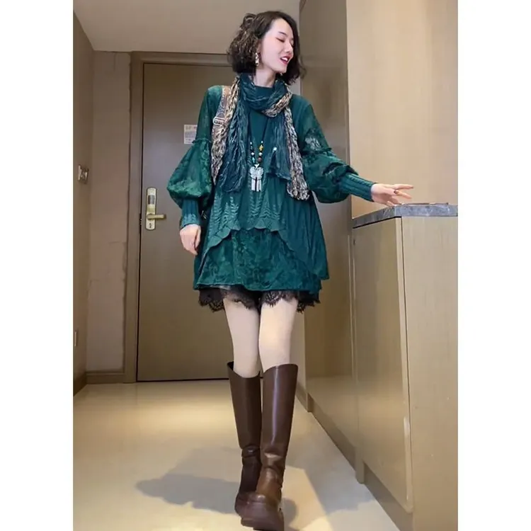 欧洲站2024冬季新款气质宽松拼接蕾丝中长款毛衣百搭减龄针织衫潮