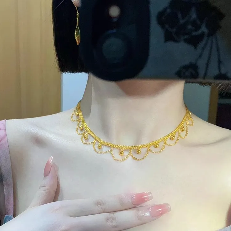 铜合金项链 金色流苏蕾丝套链锁骨项链女精致气质甜美风网纱铃