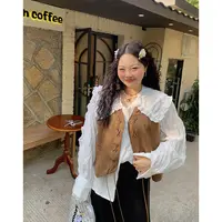 Dazi金大支咖色麂皮马甲女短款搭拼接蕾丝系带复古0007