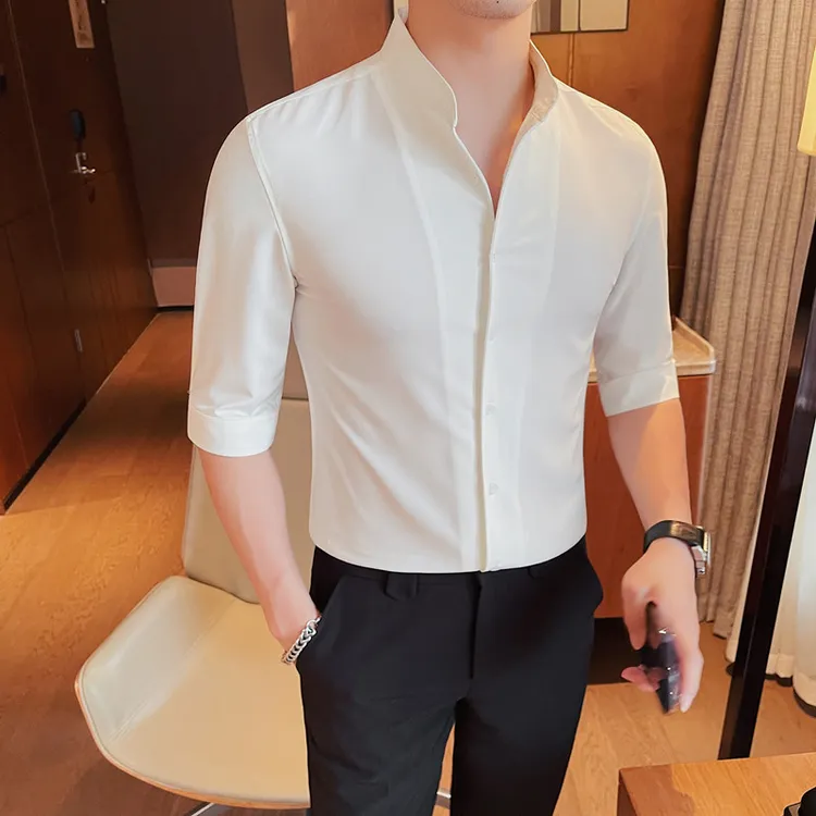 春季男士立领七分袖衬衫中袖修身韩版休闲帅气高级感五分短袖衬衣