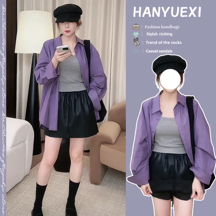 早秋时尚穿搭一整套女2024新款百搭吊带长袖衬衫阔腿短裤三件套装