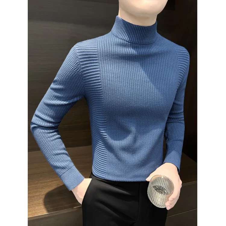 半高领毛衣男款秋冬季痞帅男装高级感华夫格针织衫潮流男士打底衫