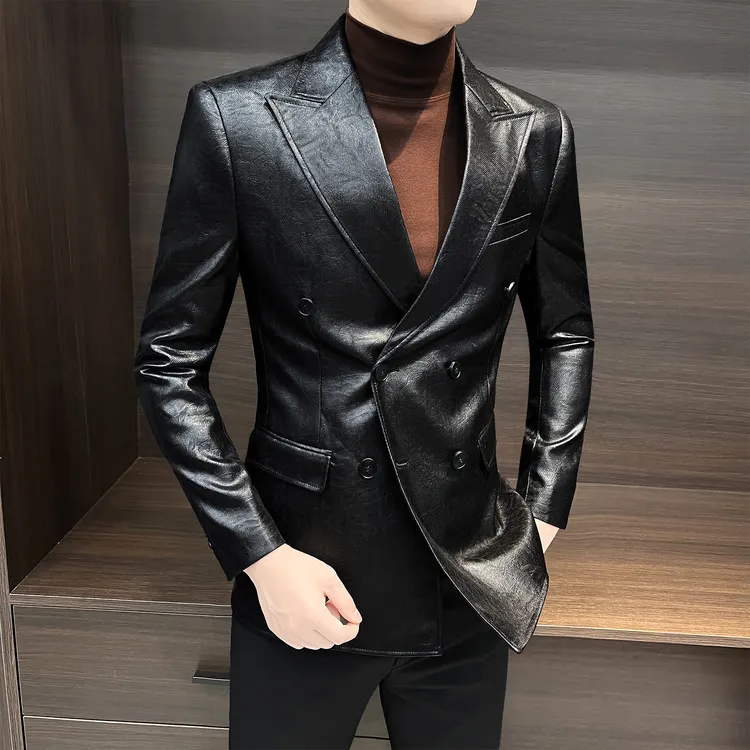 英伦风休闲西装外套男款秋冬款痞帅高级感皮衣戗驳领帅气男士西服