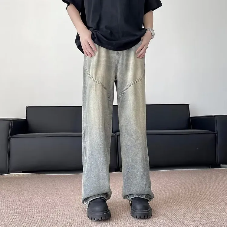 美式复古做旧黄泥色牛仔裤男款秋冬季宽松直筒长裤子潮牌高街vibe