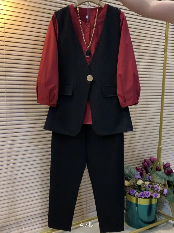 早秋新款欧货时尚遮肉显瘦气质马甲三件套