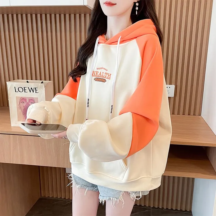 设计感拼接撞色加绒连帽卫衣女2024秋冬新款洋气百搭刺绣学生上衣