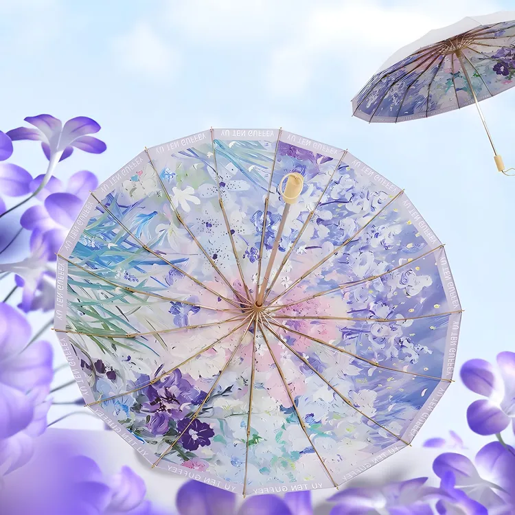 三折16骨彩胶防晒伞油画系列折叠伞遮阳伞复古木柄礼品伞厂家现货