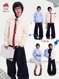 happyes“苹果狗狗”AB面正反可穿格纹夹克外套/复古童趣秋冬情侣褂