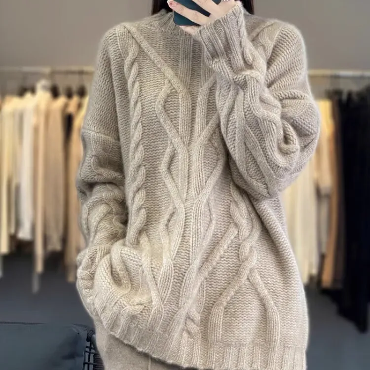 针织衫秋冬女圆领扭花毛衣宽松显瘦慵懒针织百搭打底上衣