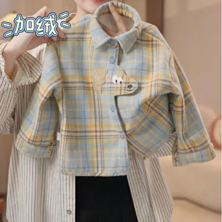 加绒格子衬衫百搭内搭2024磨毛简约韩版儿童中大童长袖衬衫秋冬款
