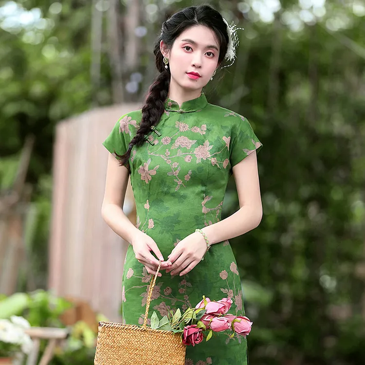 旗开得胜绿色送考旗袍女夏季新款中国风改良苎麻印花连衣裙230016