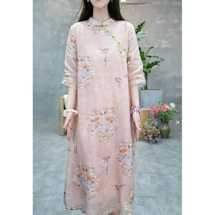 新中式国风盘扣立领改良旗袍裙女2025夏季新款古风印花中袖A字裙