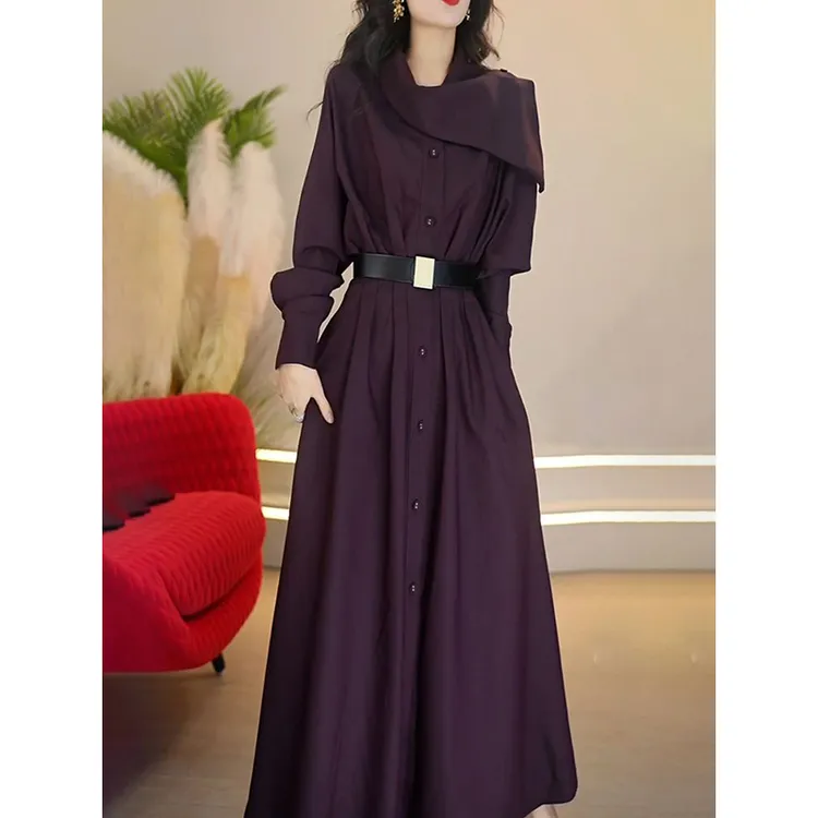 送腰带!高档大气时尚V领长袖连衣裙2025秋季新款遮肉显瘦纯色长裙