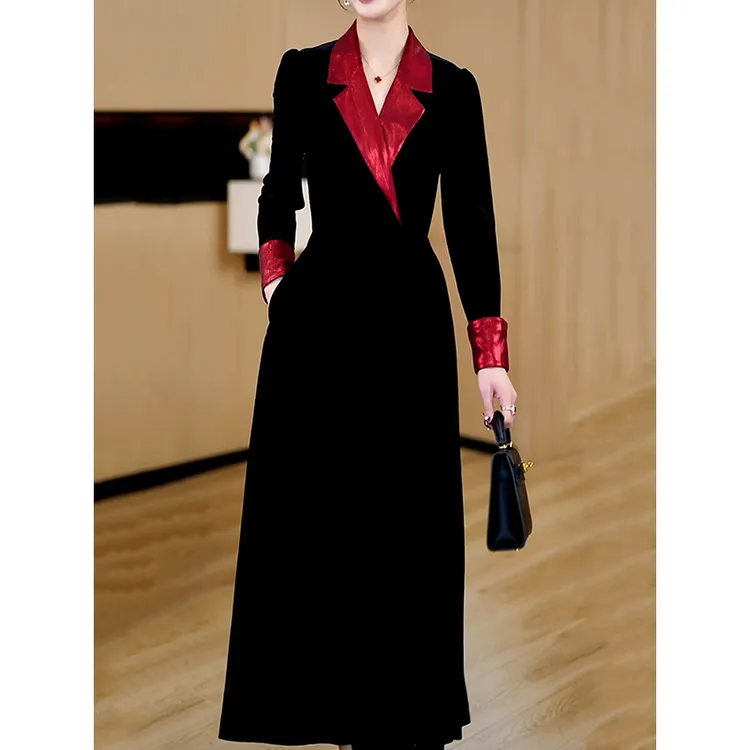 气质减龄撞色拼接西装领小黑裙女2026春冬新款洋气通勤显瘦A字裙