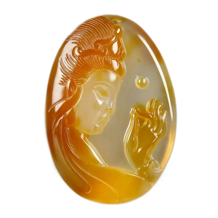 天然冰透黄玛瑙侧脸观音吊坠挂件男女款玉髓观音男女款挂件项链