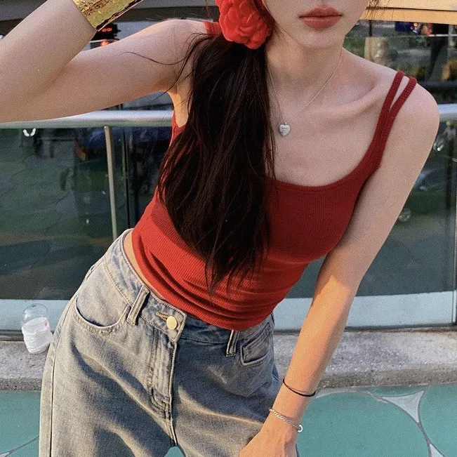 夏季韩版双肩带吊带背心女修身显瘦纯欲百搭带胸垫内衣美背上衣潮