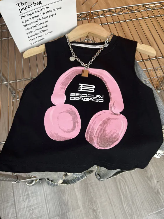 儿童无袖背心上衣2025夏季新款中小童印花宽松男女童休闲坎肩潮范