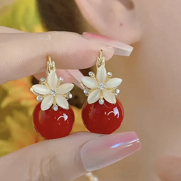 合金仿珍珠耳饰 红色花朵耳环女2025新款爆款高级感耳扣轻奢耳饰