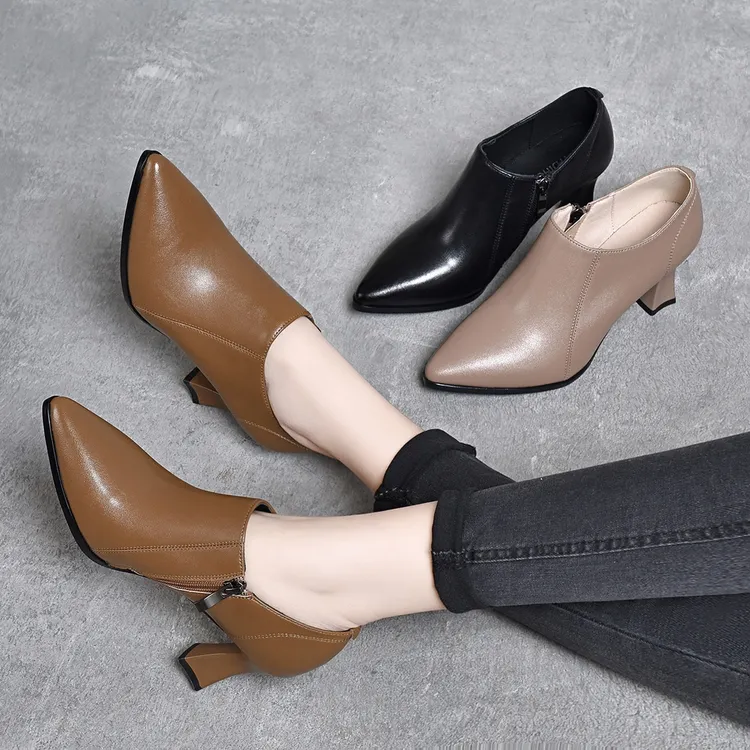 尖头真皮高跟鞋2025新款秋季深口小皮鞋软皮软底舒适单鞋粗跟女鞋